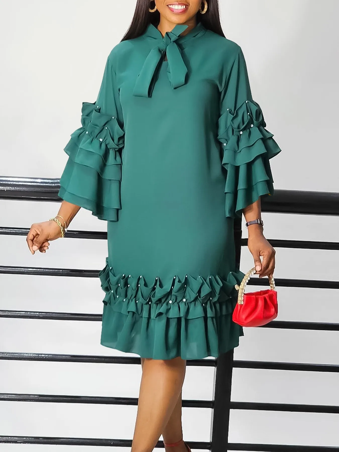 Summer Women's Clothing Elegant Tie Waist Ruffled Layered Flared 3/4 Sleeve Dress For Polyester Midi Office Wear