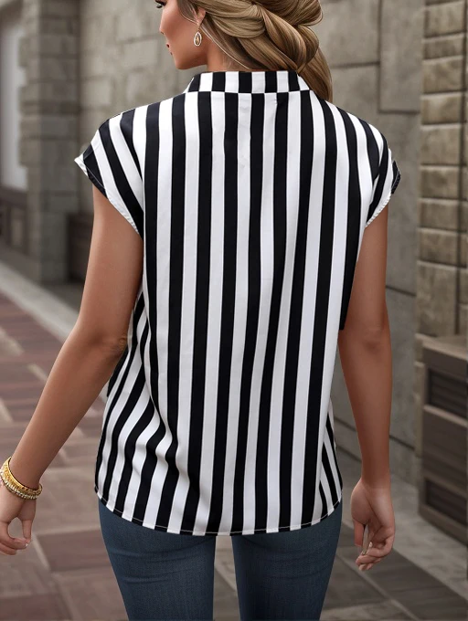 2024 Summer New Black and White Striped Printed Bat Sleeve Top Loose Casual V-Neck Shirt