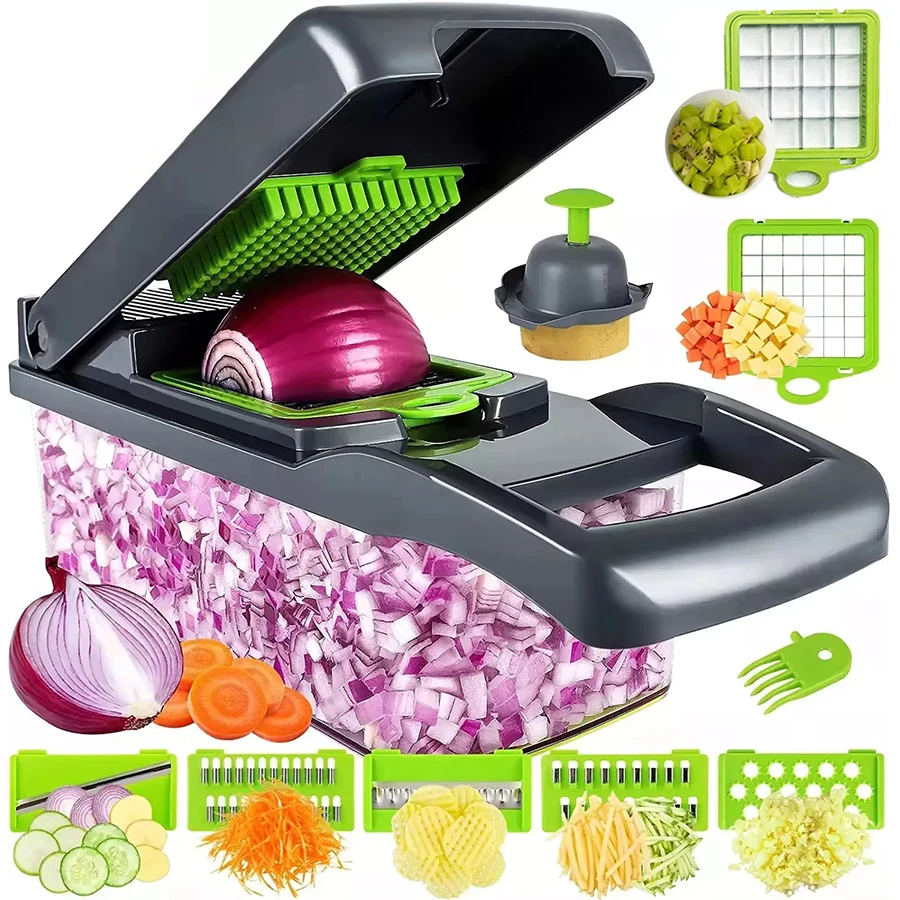 Picadora de verduras multifuncional 14 en 1, picadora de cebolla con mango, rejilla para alimentos, picadora de alimentos, cortadora de verduras de cocina