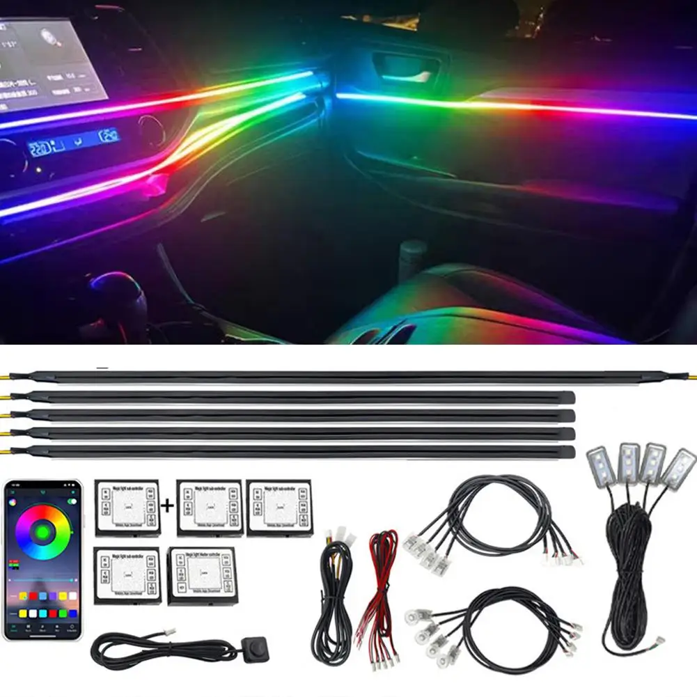 

18 в 1 RGB Symphony Автомобильное окружающее освещение APP Control Decoration KIT Светодиодная атмосферная направляющая Внутренняя световая полоса Акриловая лампа M8T6