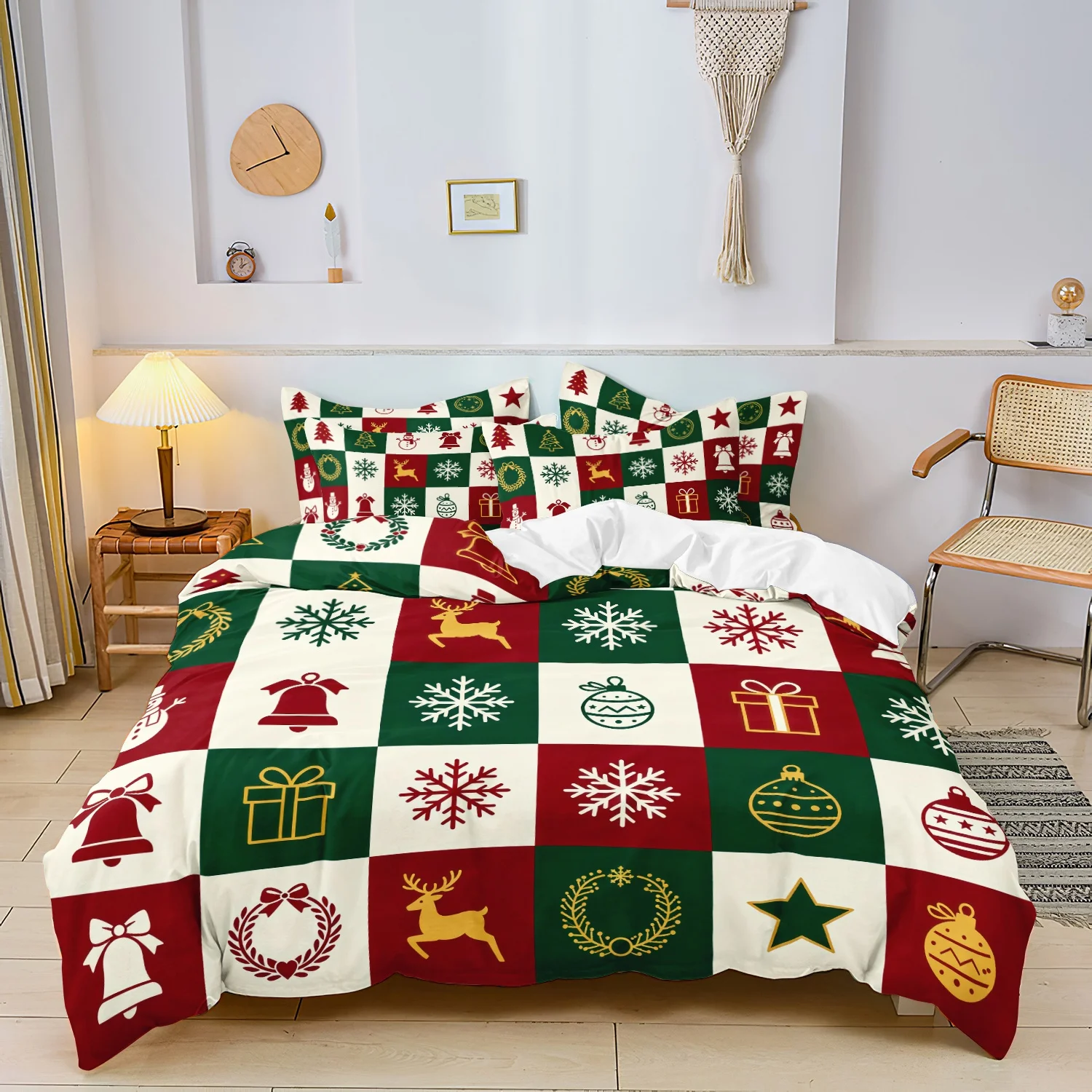 3Pcs Christmas Checkered Duvet Cover Set, Geometry Grid Reindeer Snowflake Gift Bedding, Soft Microfiber Holiday Home Decoration