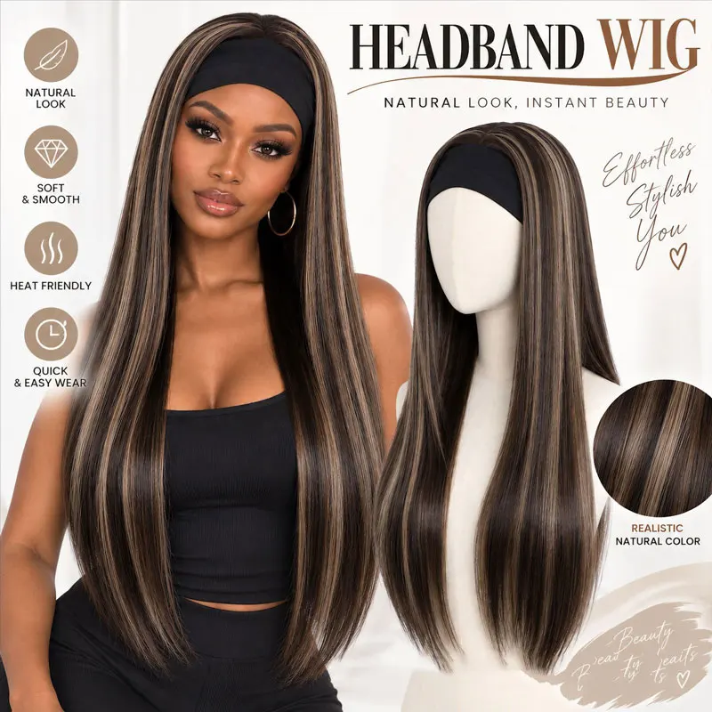 JOVIA Women's Headband Wig Synthetic Hair Long Straight Brown Gloden Highlight Glueless Wigs for Black Women Heat Resistant Wig