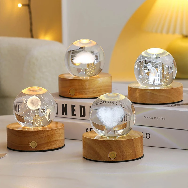 6cm 3D Crystal Ball Crystal Planet Night Light Laser Engraved Solar System Globe Astronomy Birthday Gift Home Desktop Decoration