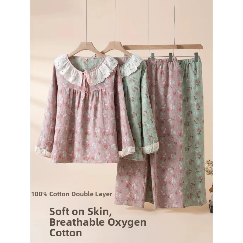 2pcs Women's Pajama Set Pastoral Style 100% Cotton Double Layer Gauze Lace Trim Lightweight Breathable Wearable Outside Loungewe