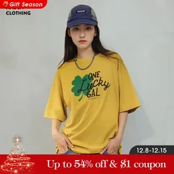 Maden Clover Printed T-shirts for Women Casual Letter Short Sleeve Summer O-Neck Simple Versatile Top Female Loose Tees Soft