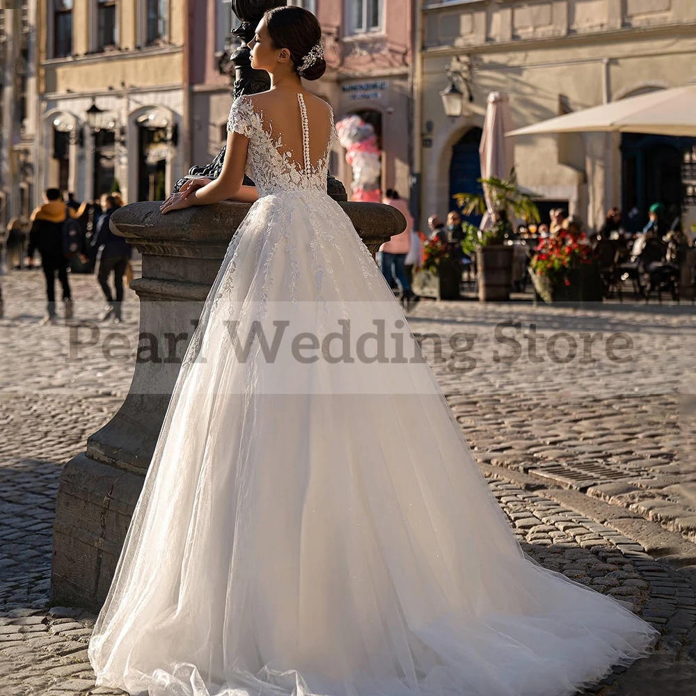 Tulle Crew Neck AppliqueShort Sleeve Wedding Dress Illusion Beaded Bridal Marriage Romantic A-Line Customized فستان الزفاف