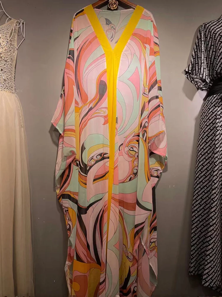 

New color printing retro loose and slim suit V-neck long skirt high waist wide leg trousers two-piece set B180