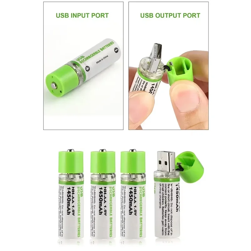 AA USB Rechargeable NiMH Battery 1.2V 1450mAh USB Charging Port for Remote Control Mouse Small Fan Toy