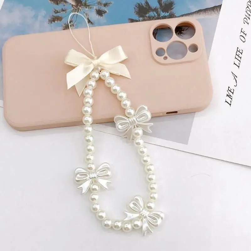 9HJK Pearls Bead Phone Pendant Bowknot Phone #2