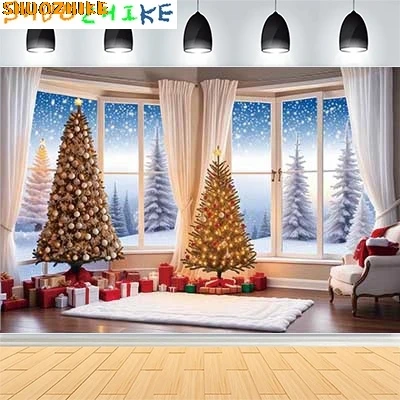 

Christmas Day New Year Party Photography Backdrops Prop Window Living Room Interior Xmas Tree Snow Theme Photo Background BG-50