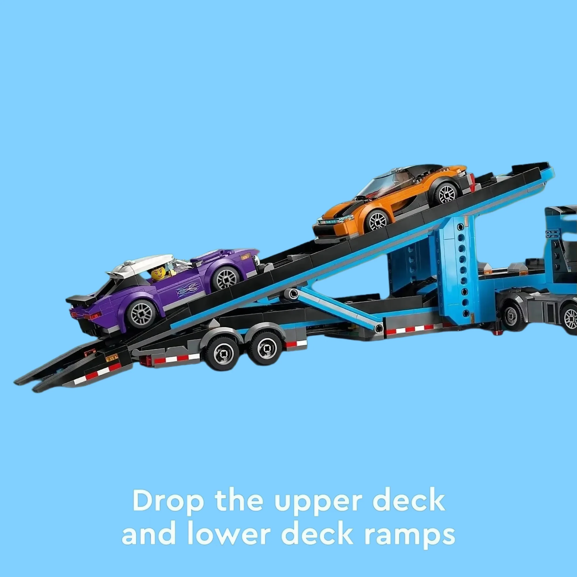 City series car transport truck building blocks, double-decker truck trailer with sports racing car, DIY assembly toy set view 2