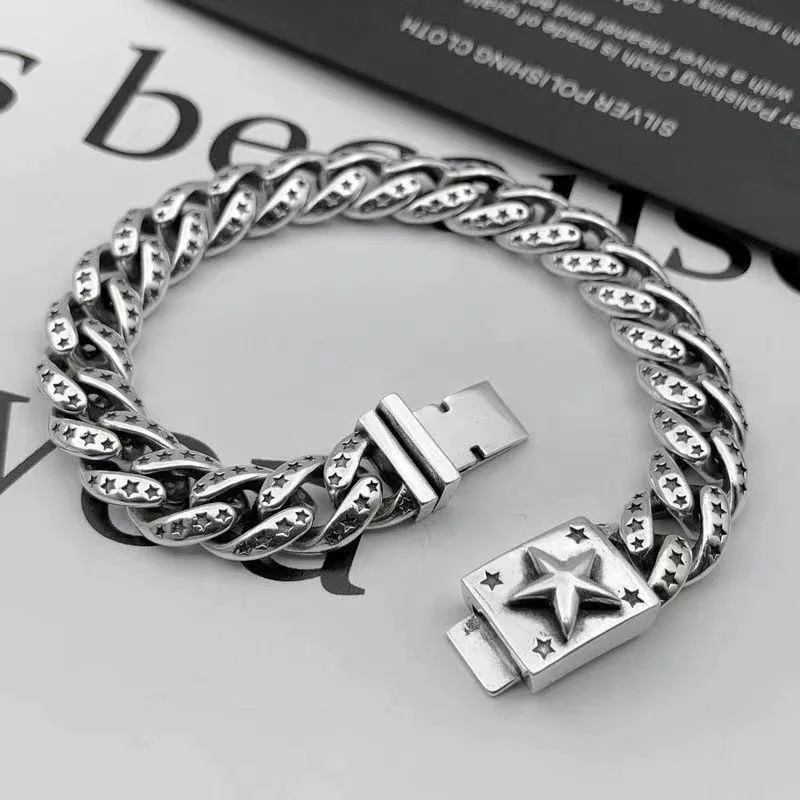 Chunky extra-wide star cross Cuban link bracelet for men featuring a bold rock-inspired vintage and distressed design