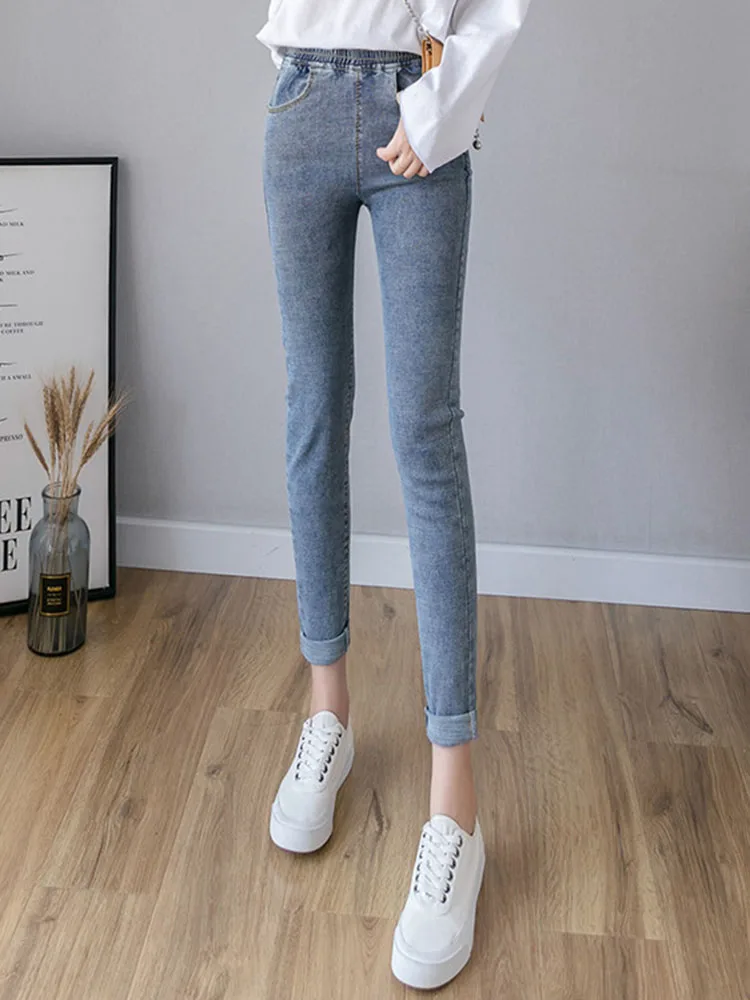 Elastyczne dżinsy ołówkowe z wysokim stanem damskie casualowe vintage obcisłe elastyczne spodnie dżinsowe moda koreańska wiosna jesień streetwear vaqueros