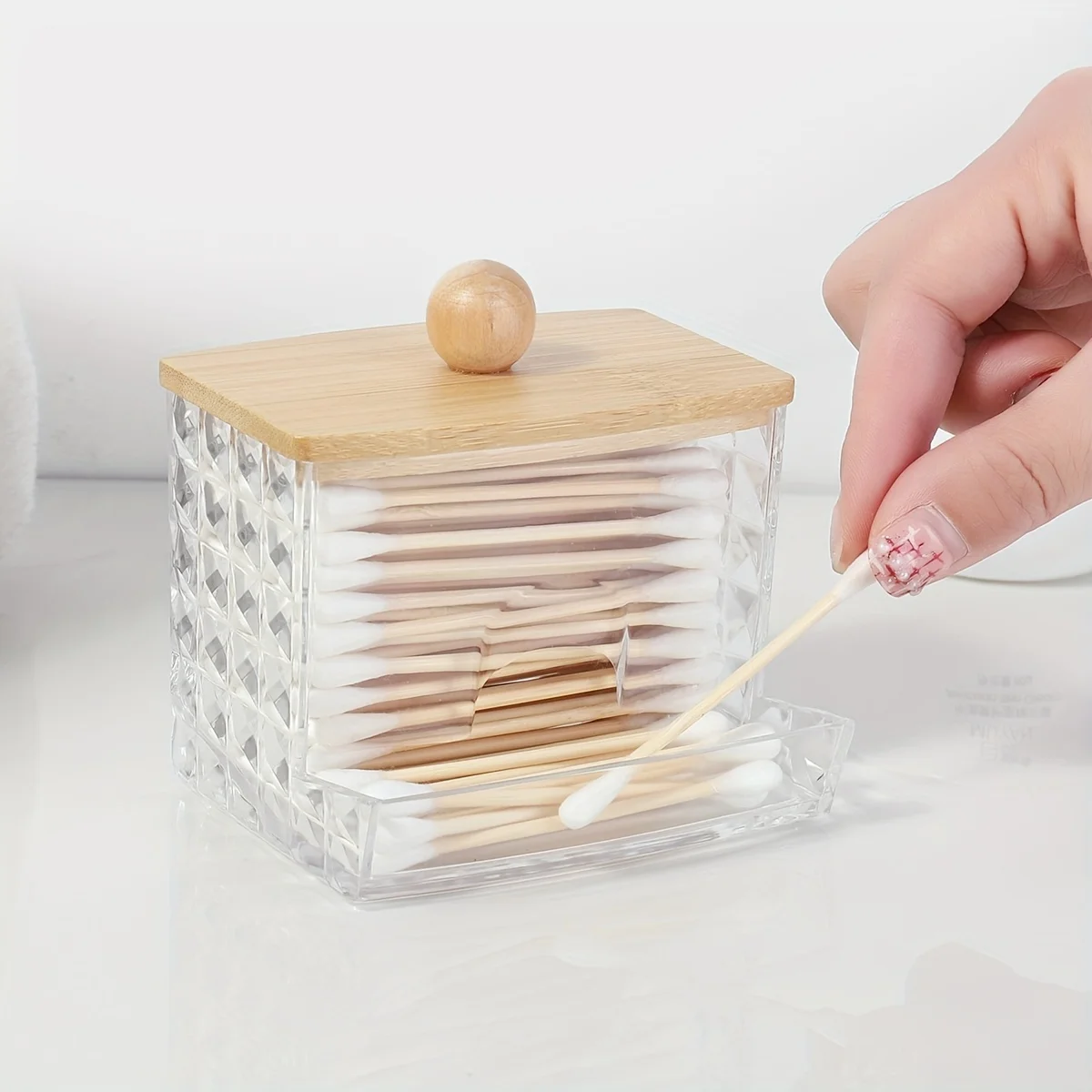 8oz Cotton Swab Holder Dispenser Clear Diamond Pattern Bathroom Organizer Accessories Decor for Storage Cotton Ball Holder Apoth
