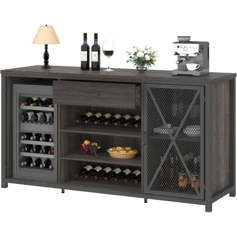 LVB Long Bar Cabinet with Fridge Space, Farmhouse Big Liquor Cabinet with Drawer Storage, Rustic Wood Metal Large Wine Cabinet