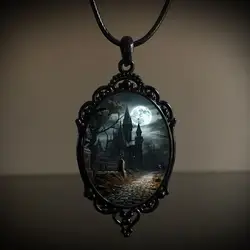 Gothic Terror Castle Necklace Oval Pendant Necklace Women's Halloween Vampire Relief Witch Jewelry Retro Choke Ring