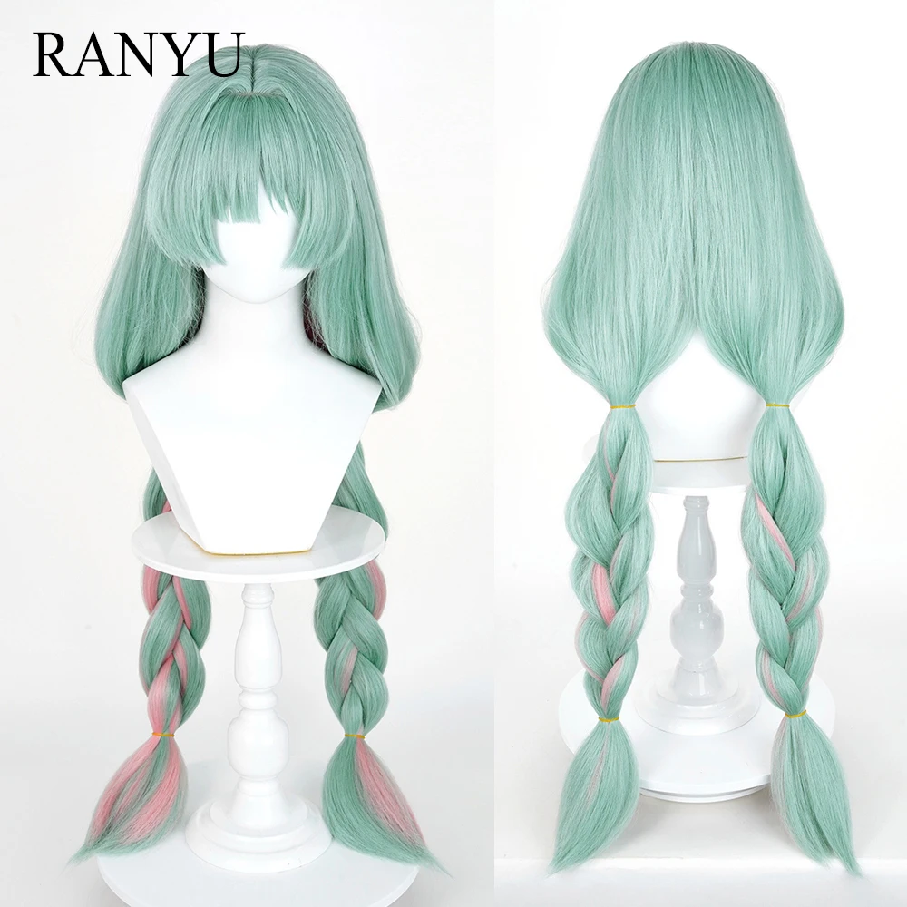 

Green Ombre Pink Highlights Synthetic Wigs with Bangs Long Straight Anime Game Braided Wig for Daily Party