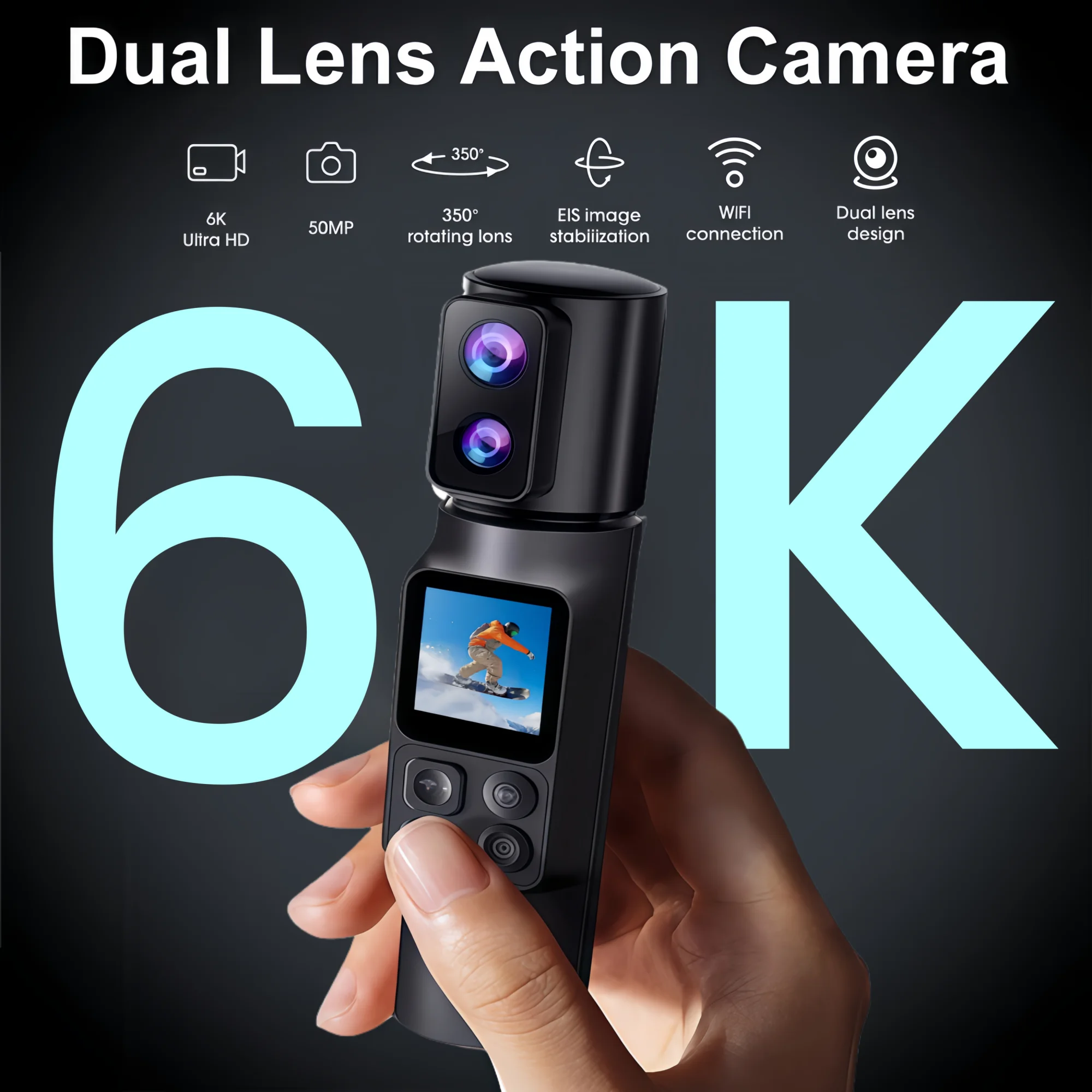 Portable Action Camera EIS 5 X Zoom 350° Rotatable Dual Lens High Definition Sports Camera 50MP Wi-Fi Webcam DV Recorder