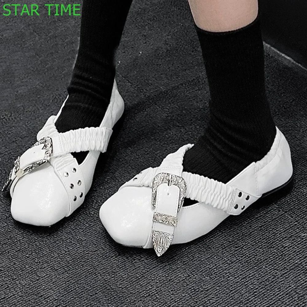 

Square Toe Flat Mary Janes Cross Metal Belt Buckle 2024 Summer New Ballet Shoes Black/white Fashion Women Casual Shoes