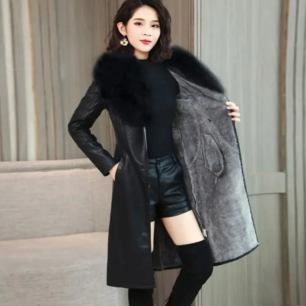 PU Leather Fur Collar Winter Coat Women Solid Adjustable Waist Mid-Length Slim Jacket 2025 New Fashion Lady Casual Warm Outwear