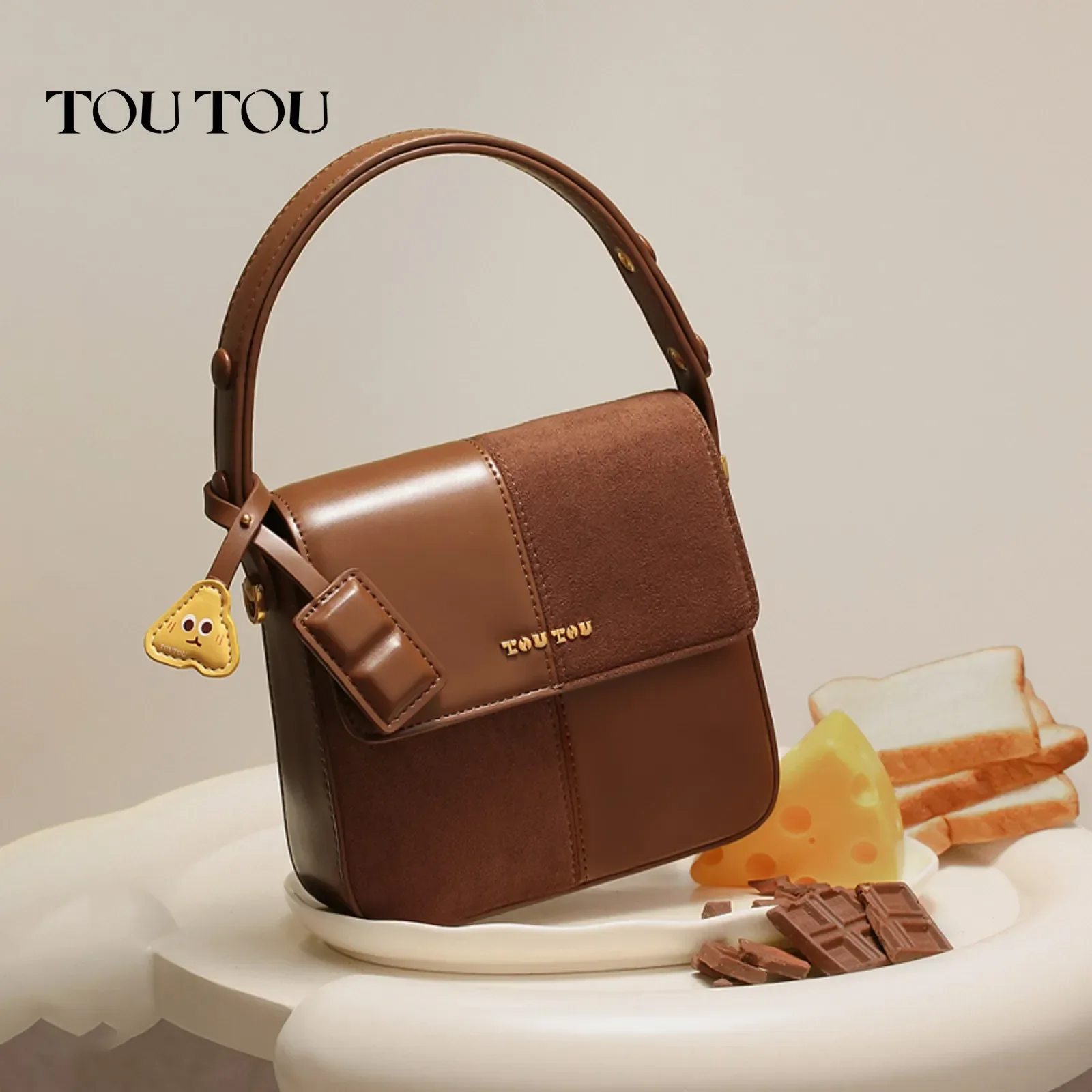 TOUTOU Square Bag for Women Maillard Brown Color Block Saddle Underarm Bag Original Fashion Single Shoulder Bag Christmas Gift