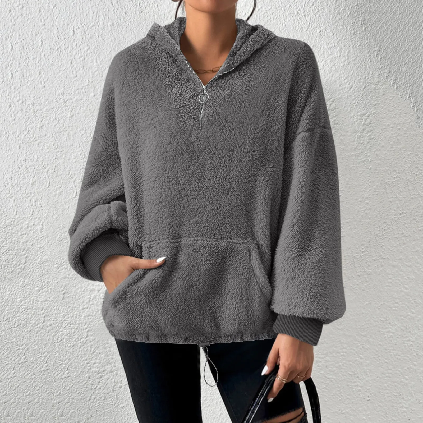 

2024 Autumn Winter Plush Hoodies Zipper Drawstring Shaggy Hoodie Pocket Long Sleeve Solid Color Sweatshirt Ropa De Mujer