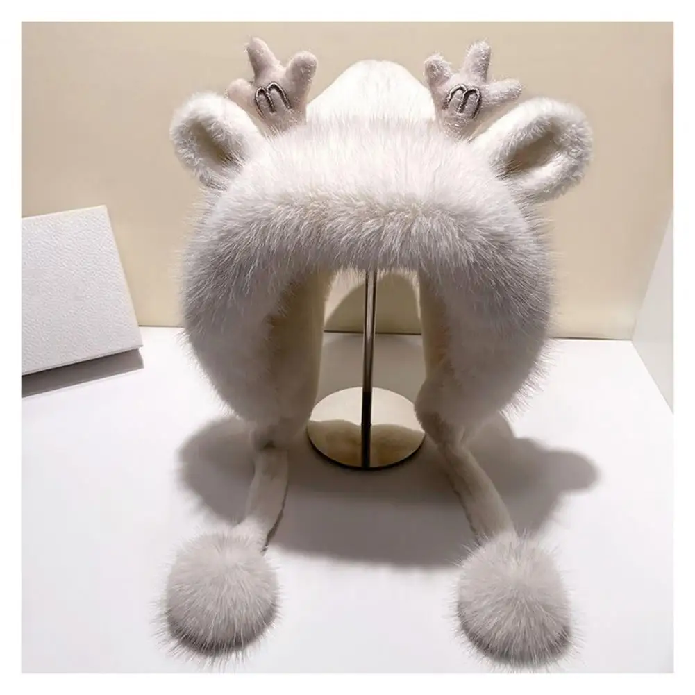 Antler Ears Decor Winter Hat Women Christmas Hat with Furry Ball Decoration Fashionable Winter Hat with Cute Furry for Women