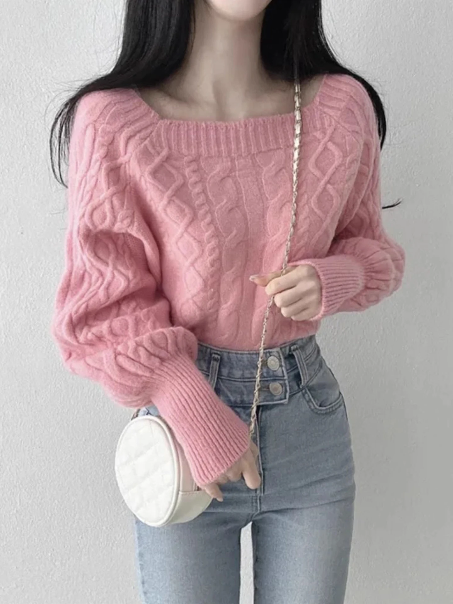 Chic automne hiver Thiened Long Sve tricoté pull femmes Faion rétro col carré torsion fil décontracté haut confortable