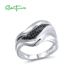 SANTUZZA 925 Sterling Silver Rings For Women Sparking Black Spinel White Cubic Zirconia Ring Fashion Daily Wear Fine Jewelry