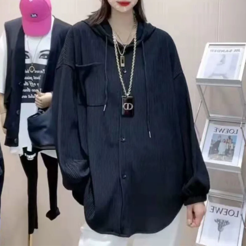 Laziness Wind Hooded Pockets Blouses Korean Solid Loose and Comfortable Button Lantern Long Sleeve Bandage Middle Length Shirts