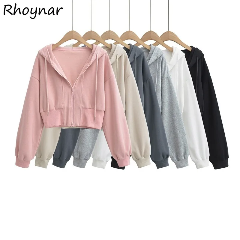 

Solid Hoodies Women Korean Style Casual Daily All-match Baggy Zipper Crop Tops Exercise Skin-friendly Thin High Street Autumn