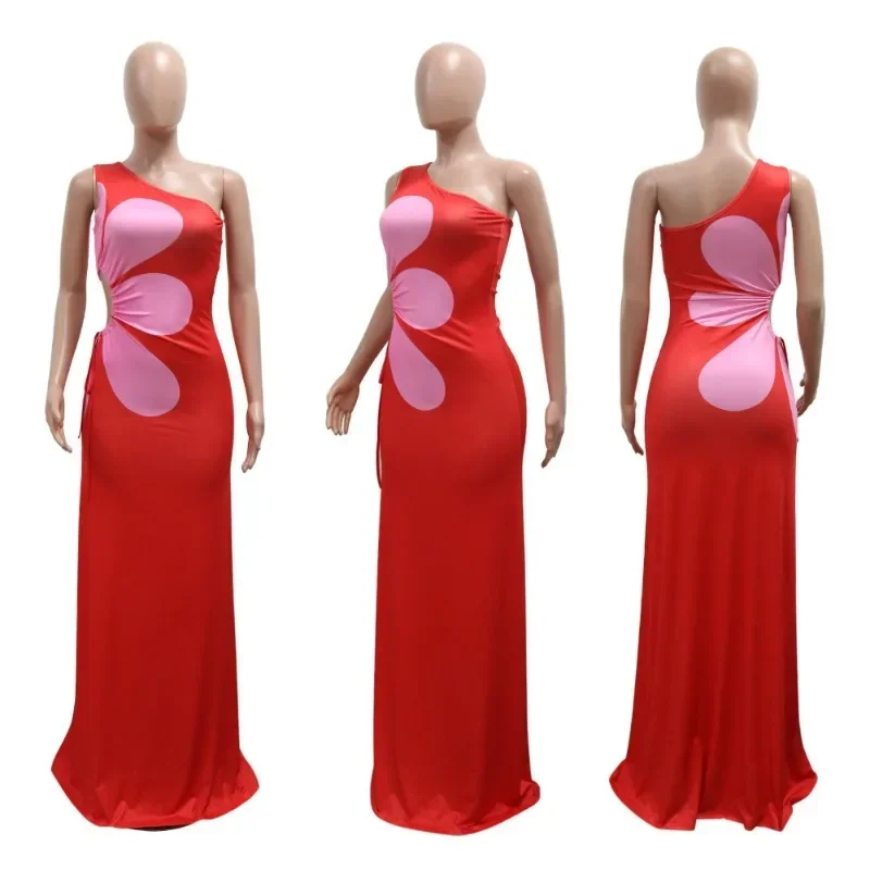 GUWU المرأة عباد الشمس المطبوعة انقطاع الخصر كتف واحد بلا أكمام فستان ماكسي نحيف مثير مساء نادي فساتين طويلة