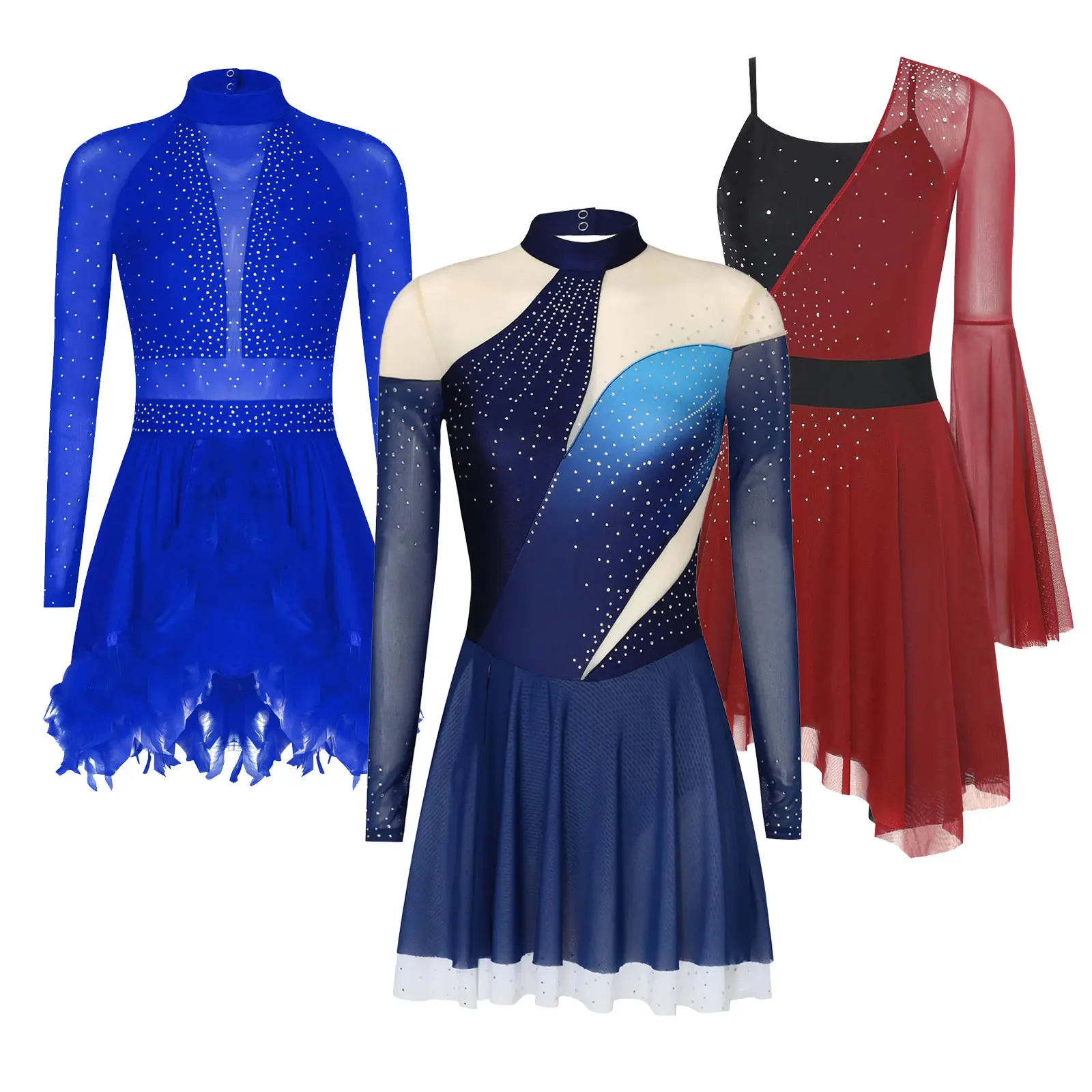 Femmes filles patinage artistique justaucorps robe Ballet danse lyrique gymnastique rythmique Costume à manches longues strass maille robes