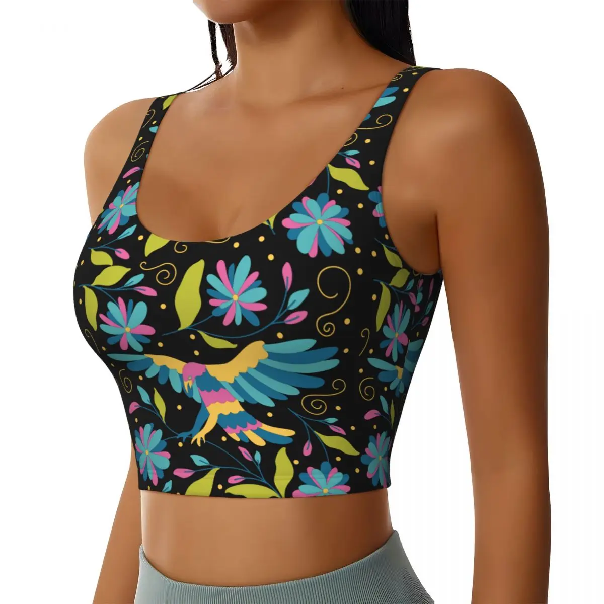 Custom Mexican Flower Birds Floral Embroidery Workout Crop Tank Tops for Women Yoga Sports Bras