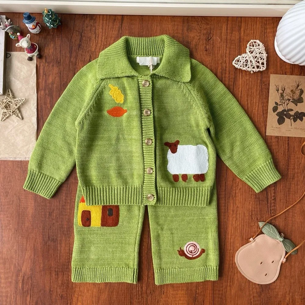 kids girl clothes baby coat boys girls clothes Cartoon small animal pattern knitted cardigan Knitted pants