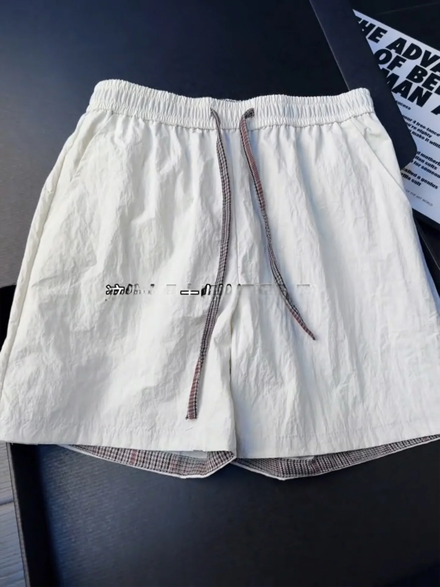 White American Plaid Splicing Men's Summer Nylon Quick Dry 4-Part Shorts Casual Sports Beach 5-Part Pants Loose Fit Elastic W...
