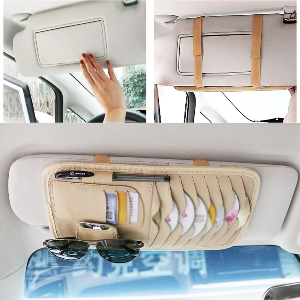 

Visor Storage Organizer Pouch Eyeglasses Cd Holder Cards Durable Easy Install Suv Truck Beige Interior Accessory