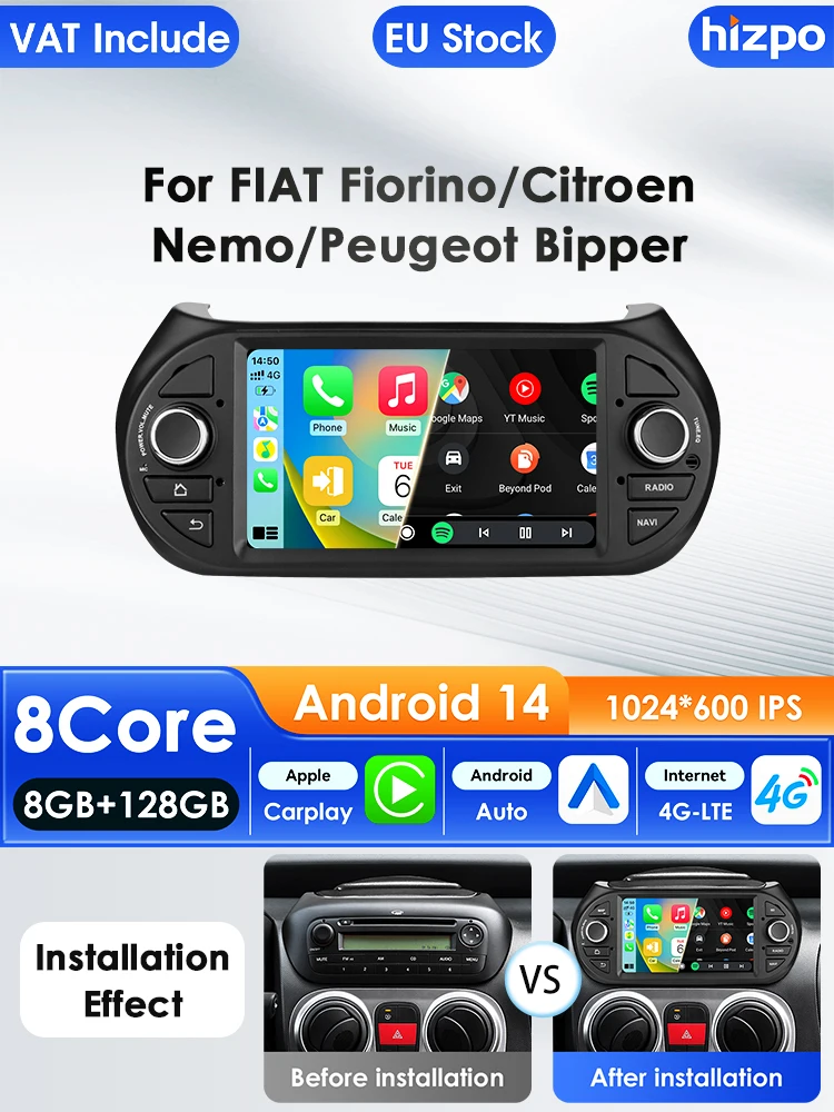 Hizpo 7 Zoll Carplay 4G 7862 Android 14 Autoradio für Fiat Fiorino / Citroen Nemo / Peugeot Bipper Multimedia Video Player WIFI