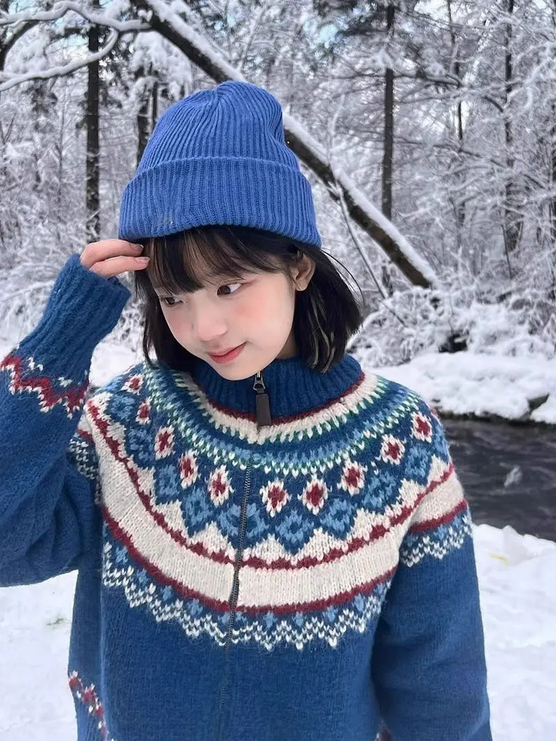 Vintage Blue Fair Isle Aesthetic Sweaters for Girls Turtleneck Zipper Cardigan Coats Women Winter Outdoor Jackets Loose Harajuku