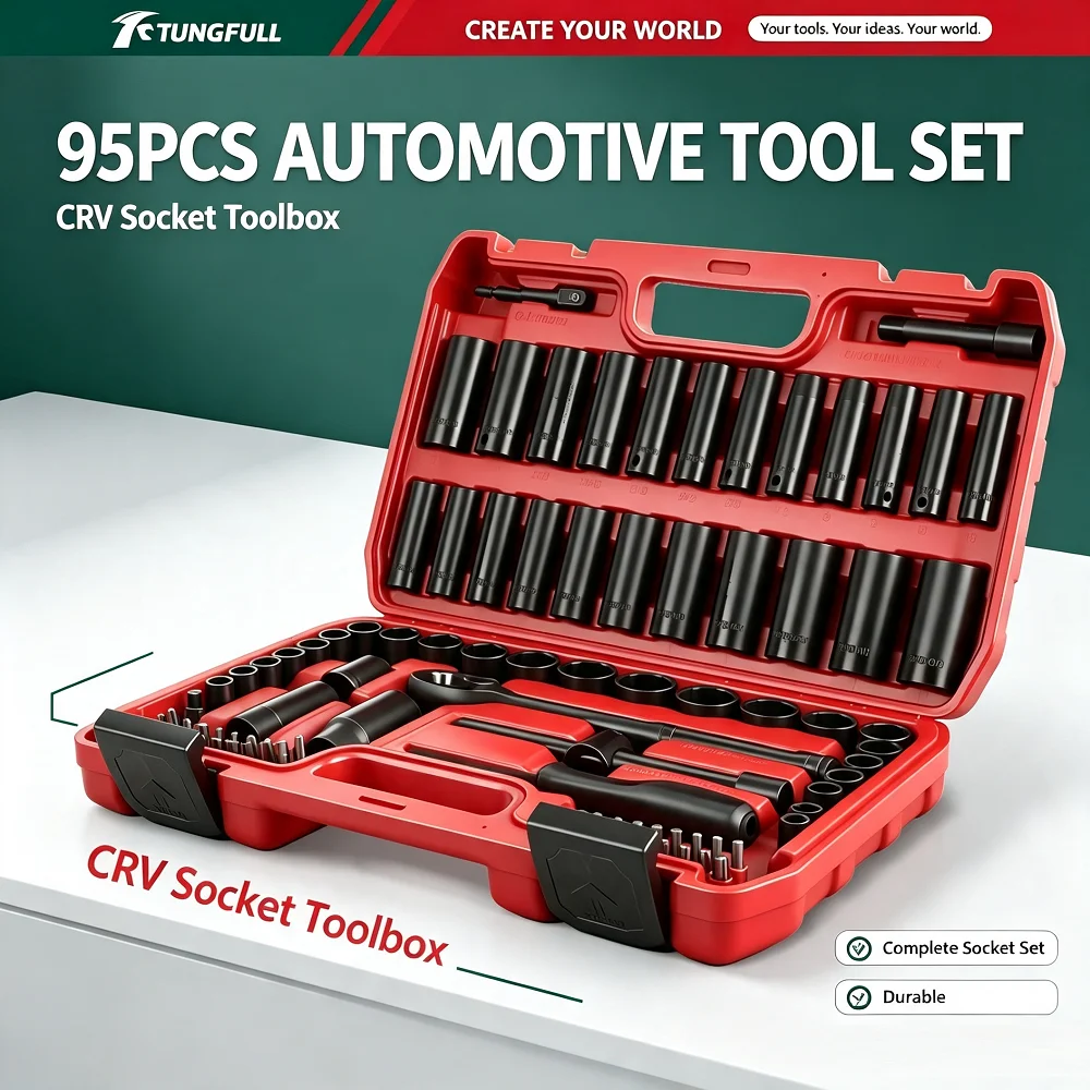 TUNGFULL 95-Piece Pneumatic Ratchet Wrench Socket Set 3/8 Inch Metric & Imperial 72-Tooth Ratchet Socket Automotive Repair Tool