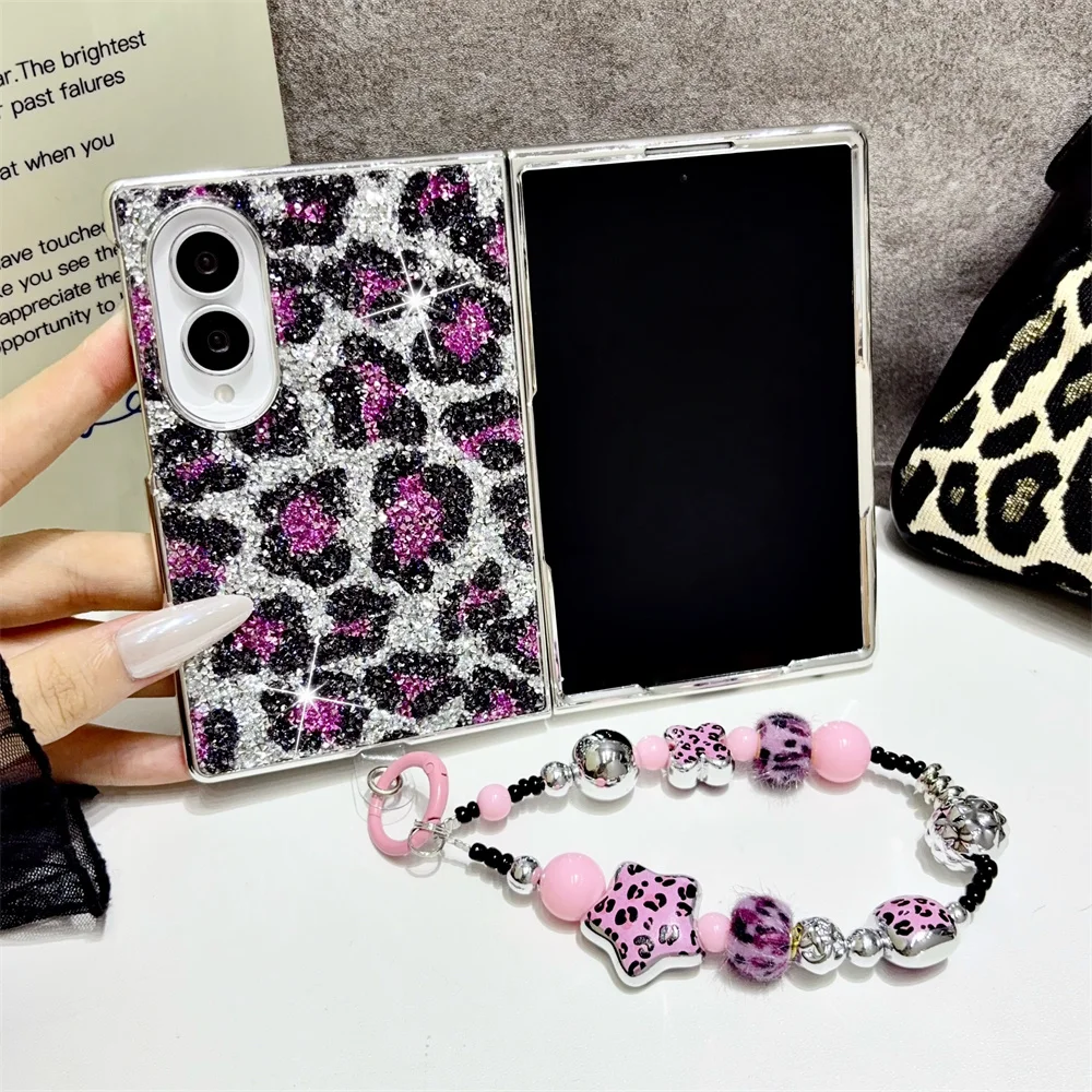 Cool Retro Wild Sparkly Glitter Leopard Phone Case for Samsung Galaxy Z Fold 8 Ultra Cute Star Bead Strap Protective Cover