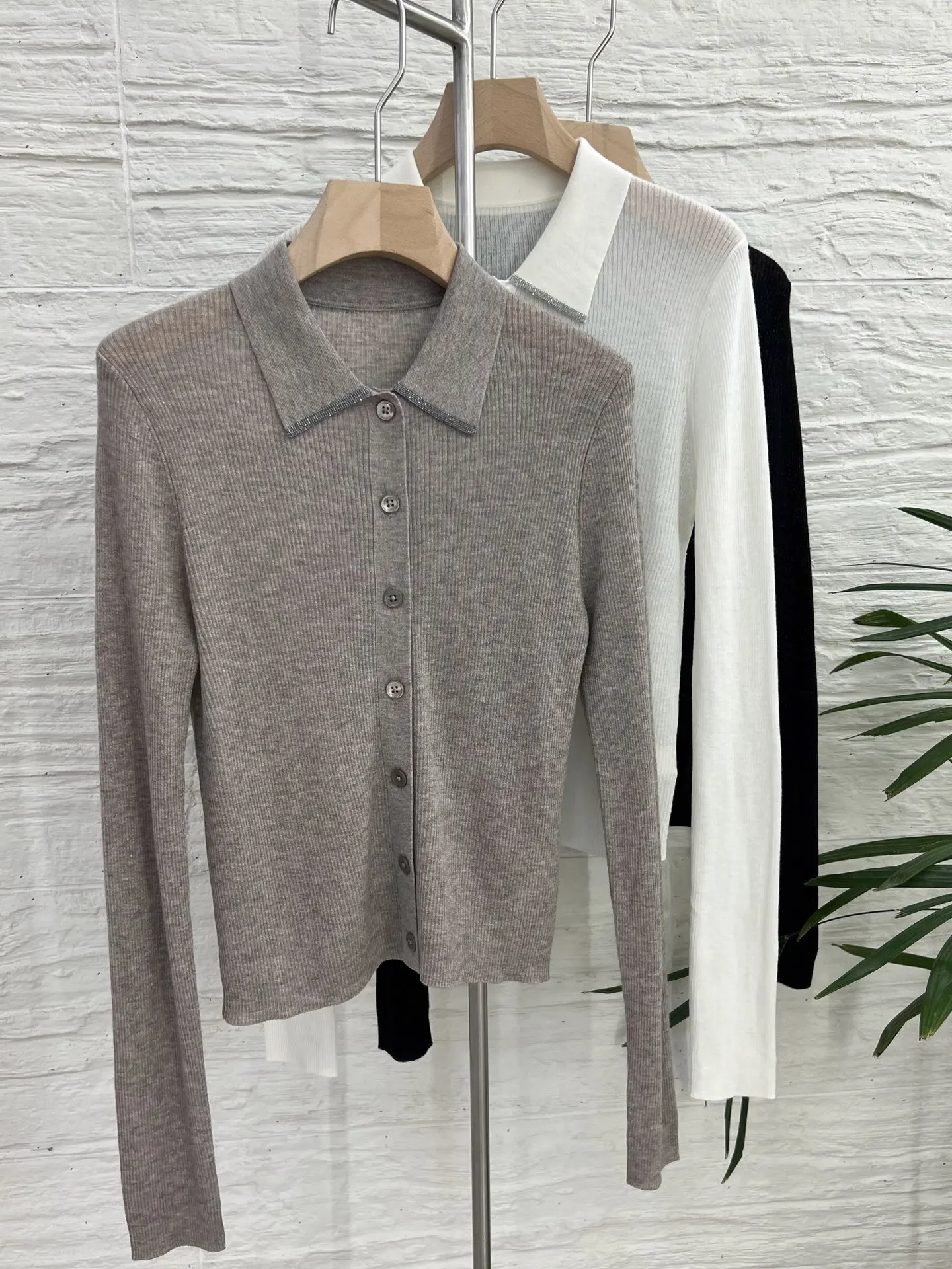 Novo feminino gola polo lã malha cardigan elástico brilho luz luxo cor suave de alta qualidade luz luxo