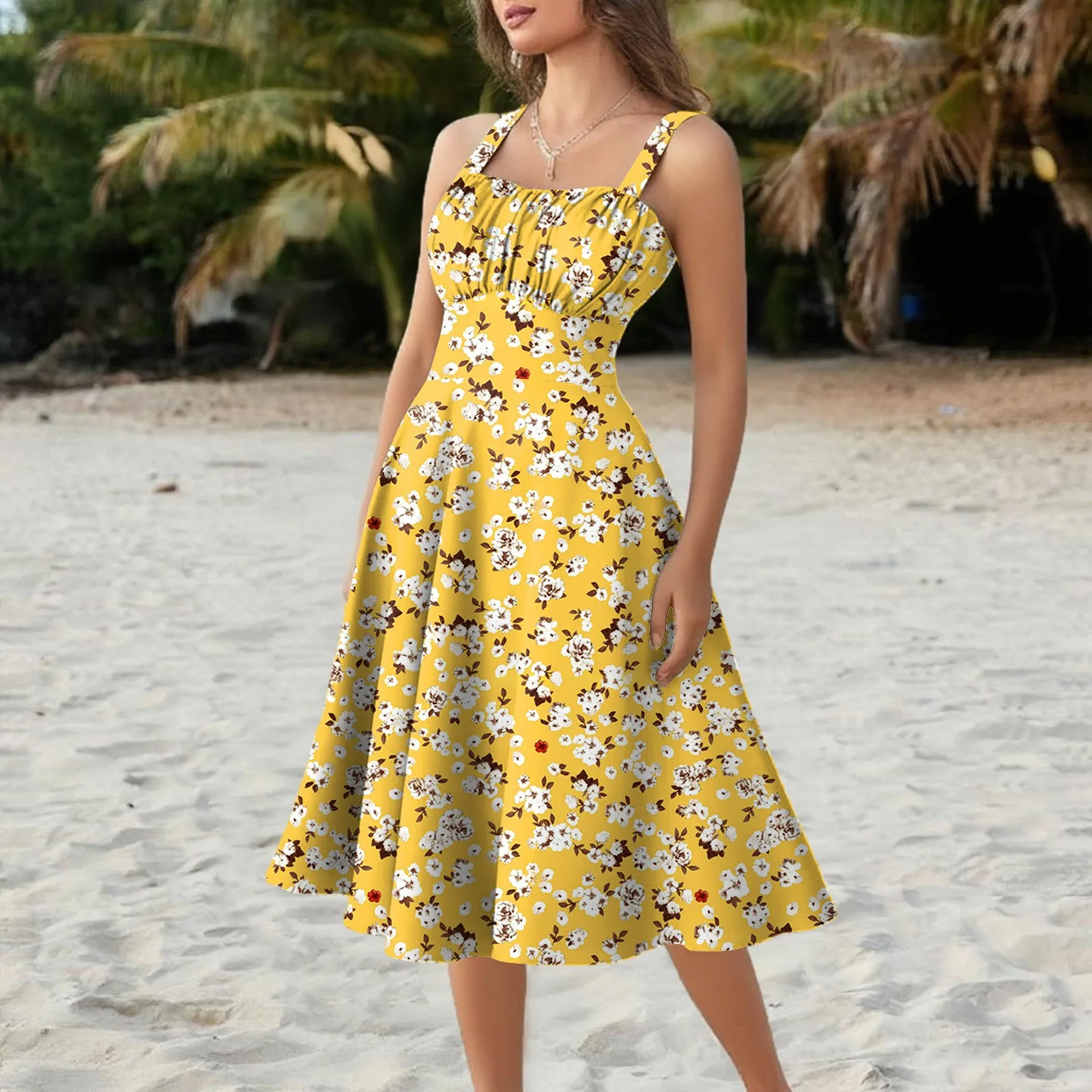 レディースヴィンテージノースリーブプリーツパッチワークキュートAラインヘム花柄プリントドレスワンピース レディース服 2025年夏