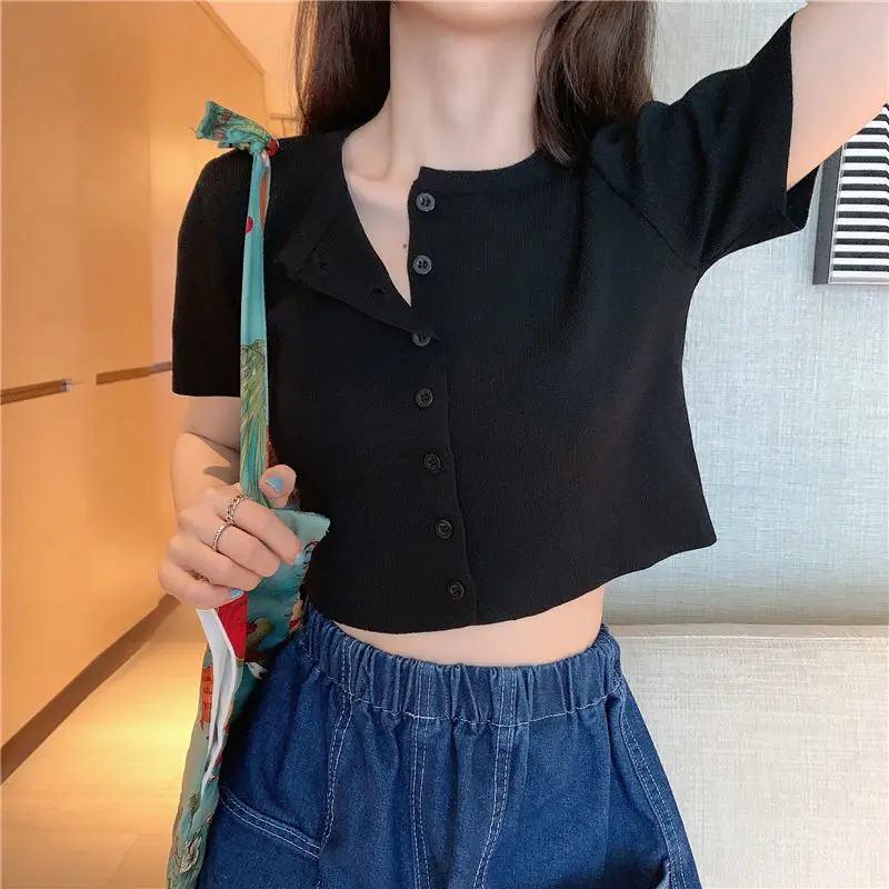 

2025 new spring and summer Korean version ins lazy style short knitted sweater cardigan top loose short sleeve T-shirt for women