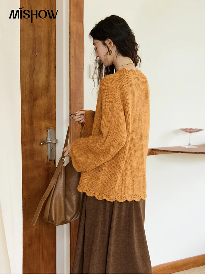 MISHOW Pumpkin Knitted Cardigan for Women Autumn 2025 Loose Wavy