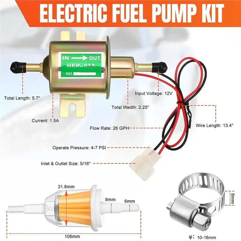 طقم مضخة الوقود الكهربائية ABJJ (12 فولت) قطعتان من الضغط المنخفض 3-6 رطل لكل بوصة مربعة غاز وديزل مضمن مع مرشحين و8 مشابك خرطوم