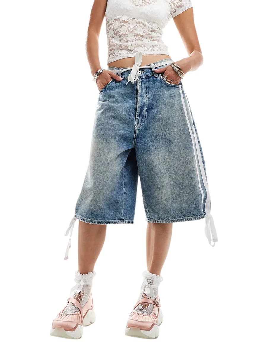 

Pop Women’s Bermuda Shorts Casual Mid Waist Side Stripes Print Wide Leg Jean Shorts Trousers