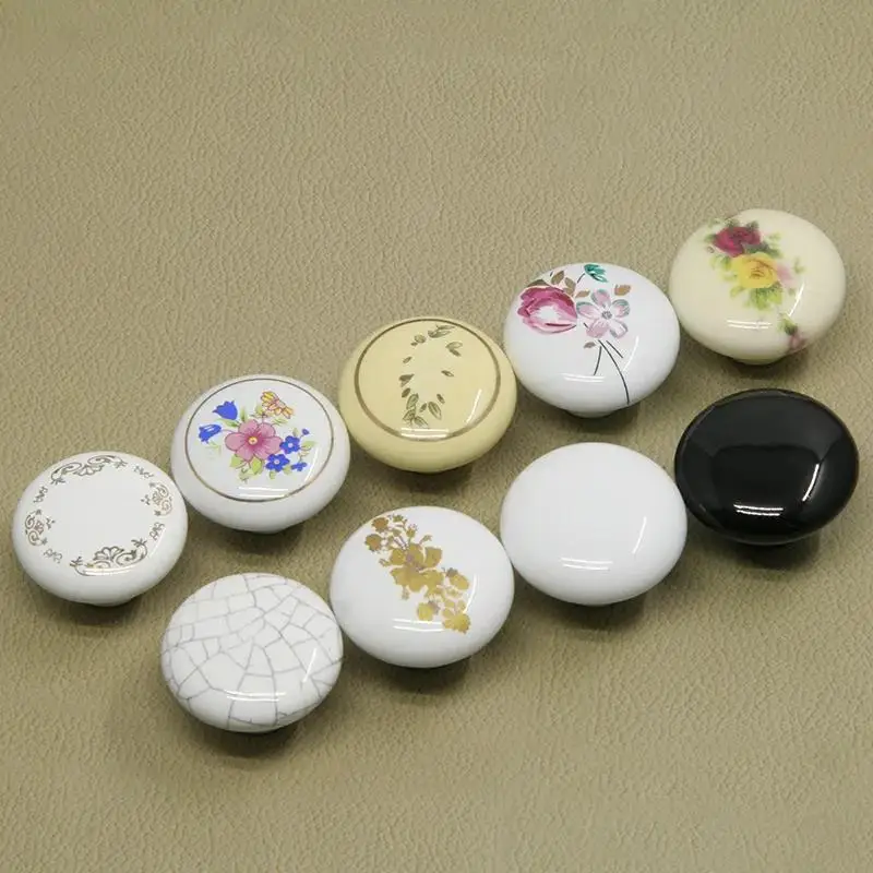 Printing Ceramic Handle Furniture Handles Kitchen Door Knobs and Knob Round Single Hole Black White Drawer Pulls