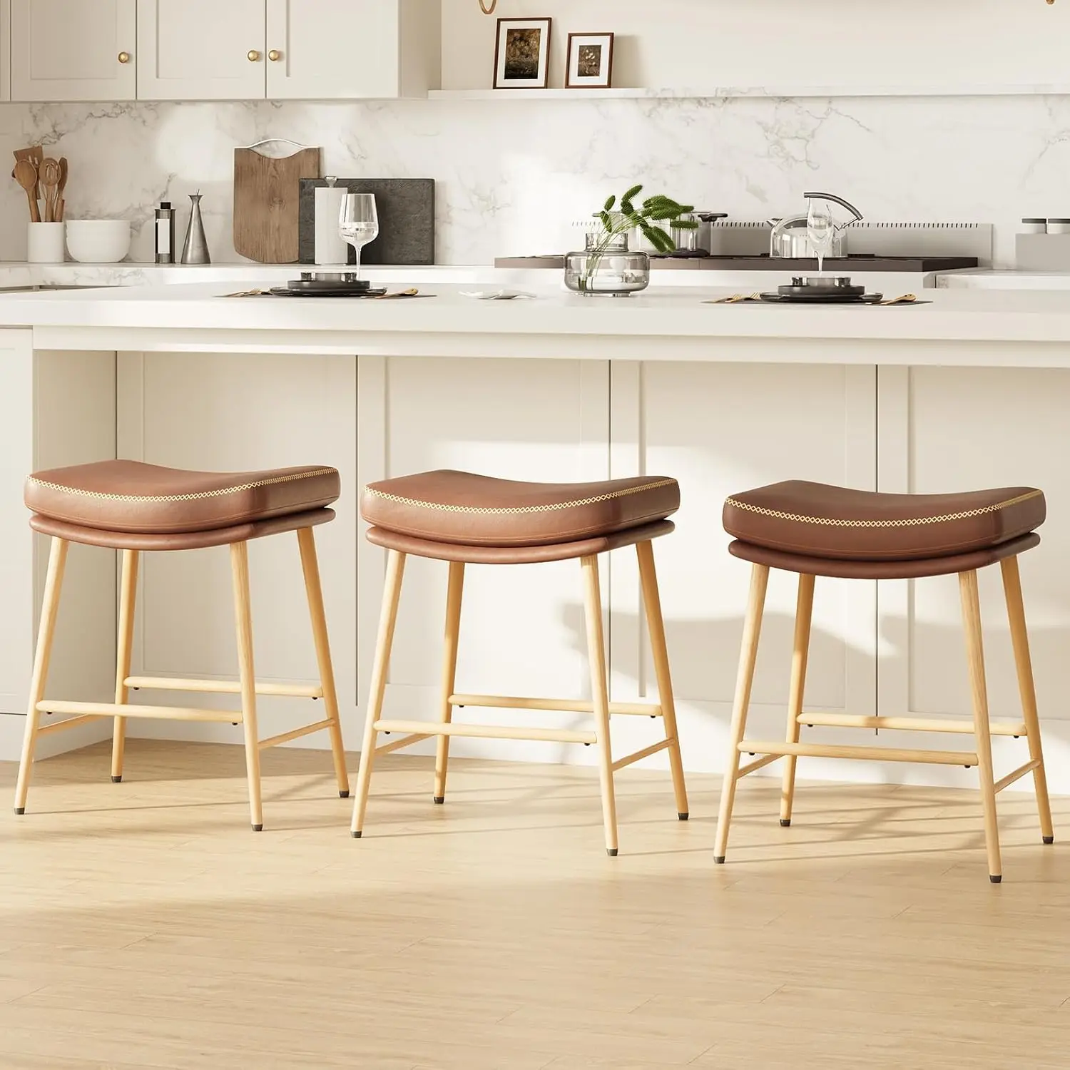 

Set of 3 Brown Counter Height Bar Stools with PU Leather Seat and Metal Frame for Kitchen Island Dining
