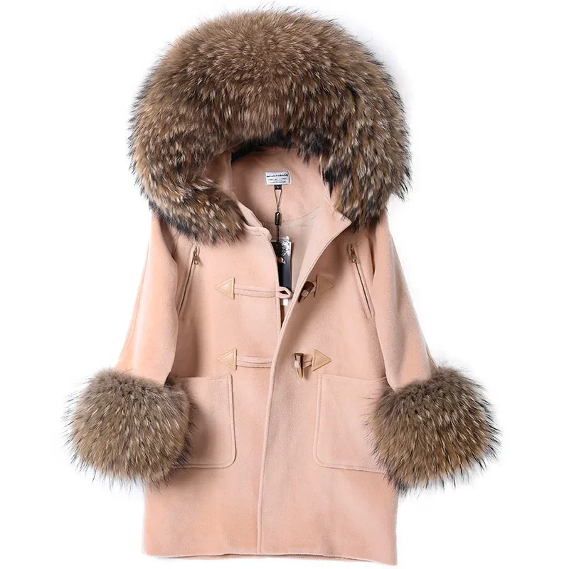 

2023 MAOMAOKONG New Real Natural Raccoon Fur Collar Wool Blends Female Coat Winter Women Jacket Overcoat Woolen Coat